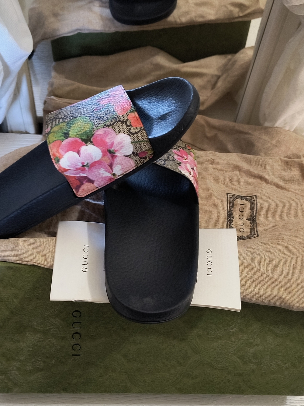 Gucci Black Slides with Pink Floral Canvas Strap - Picture 3 of 5